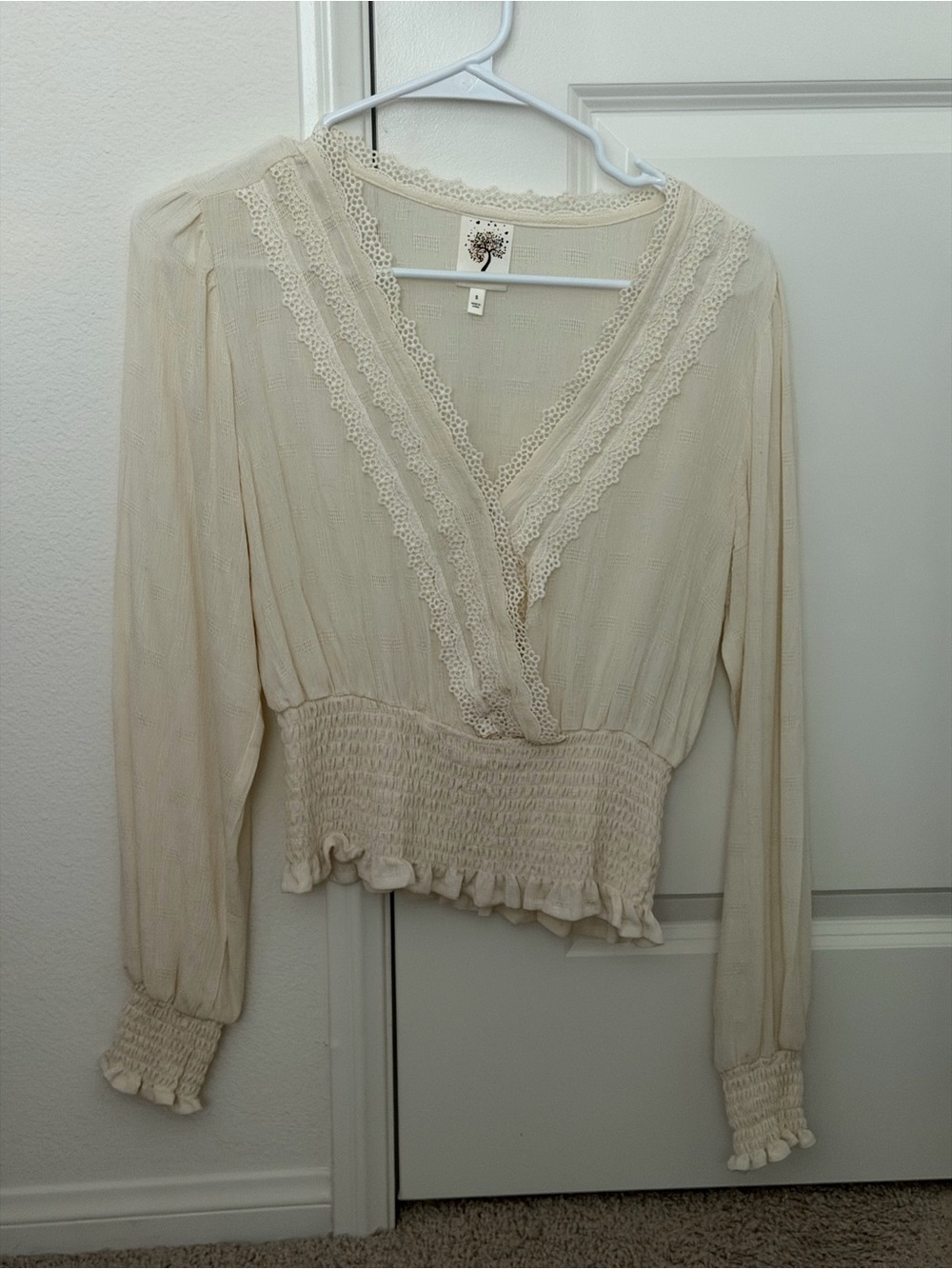 Lace-Trim Cream  Blouse